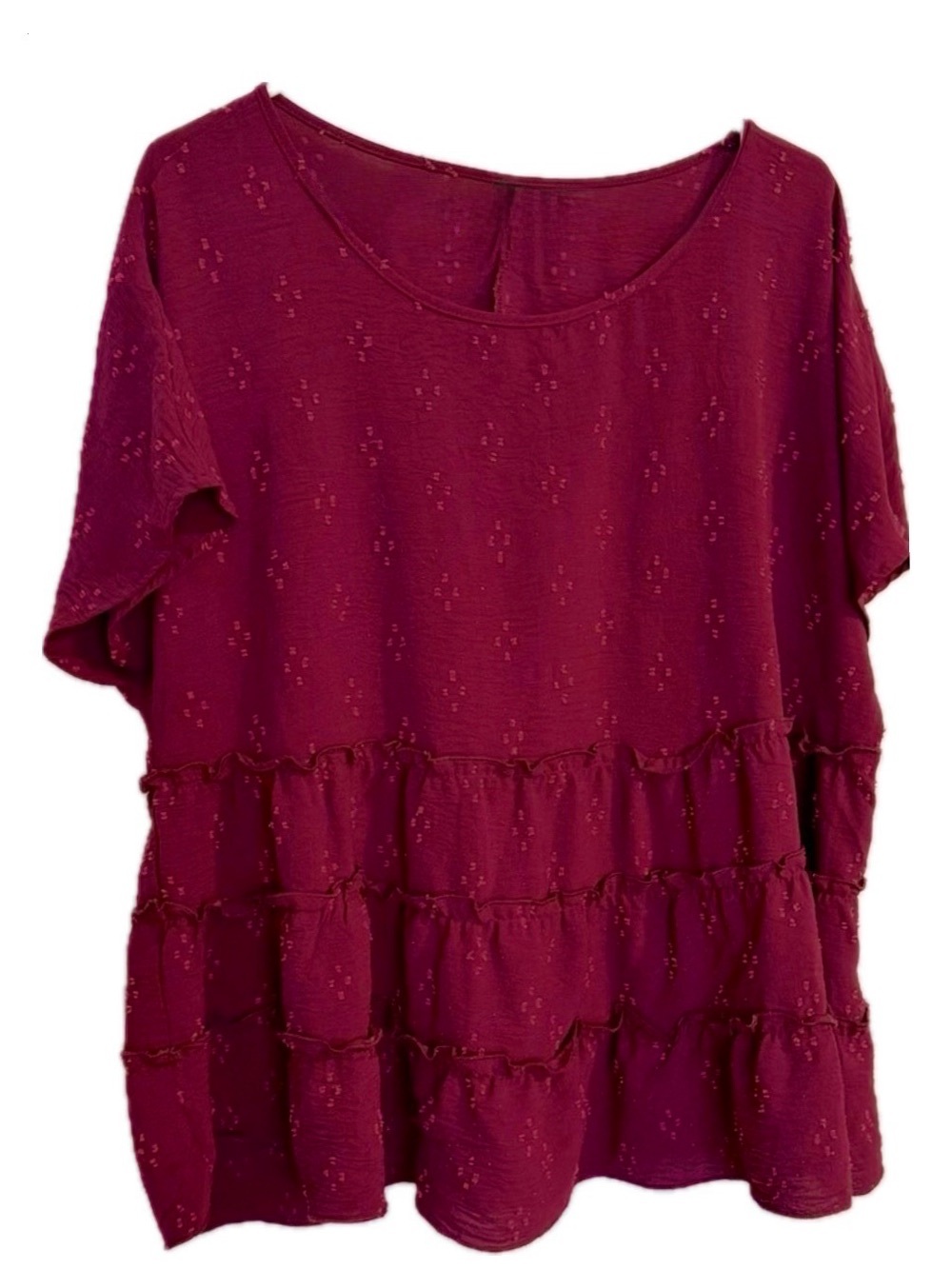 Burgundy Swiss Dot Tiered Ruffle Babydoll Blouse Plus Size 3X US 18/20
